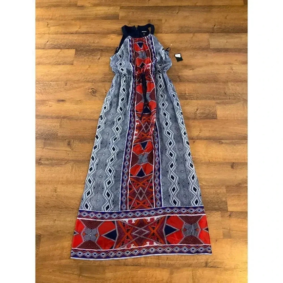 Nine West Womens Sleeveless Printed Drawstring Gathered Neck Maxi‎ Dress Sz. 4 - Picture 1 of 8